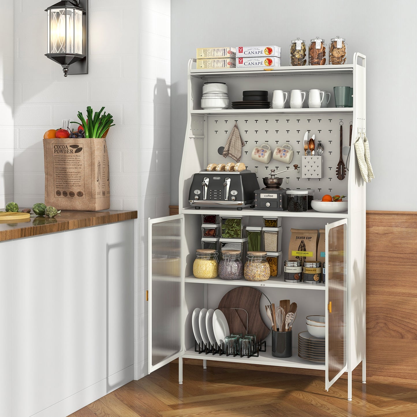 Freestanding 5 Tier Kitchen Pantry Cabinet with Flip-Up Glass Door Pegboard and Storage Shelves