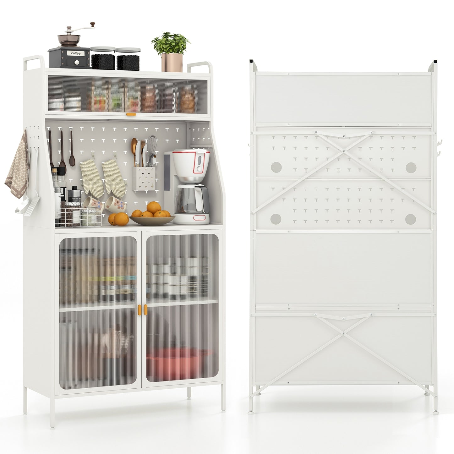 Freestanding 5 Tier Kitchen Pantry Cabinet with Flip-Up Glass Door Pegboard and Storage Shelves