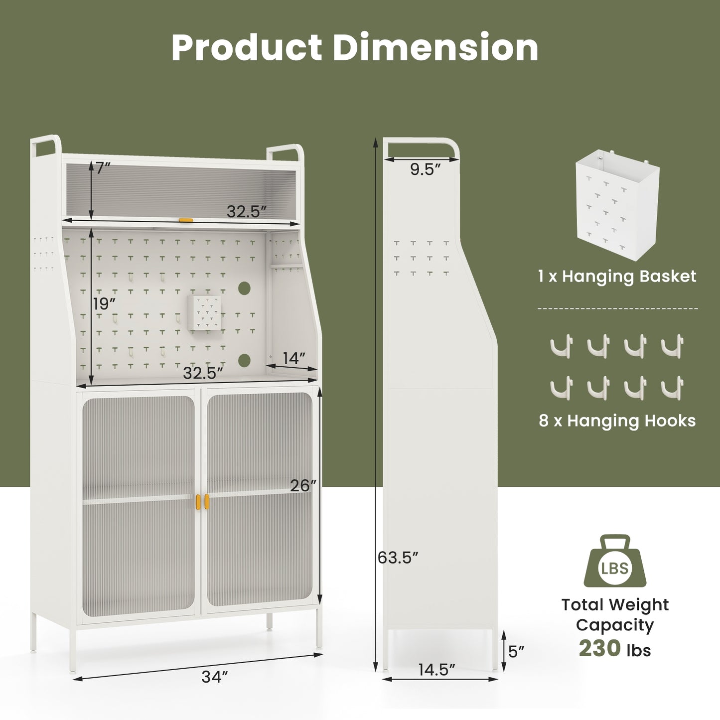 Freestanding 5 Tier Kitchen Pantry Cabinet with Flip-Up Glass Door Pegboard and Storage Shelves
