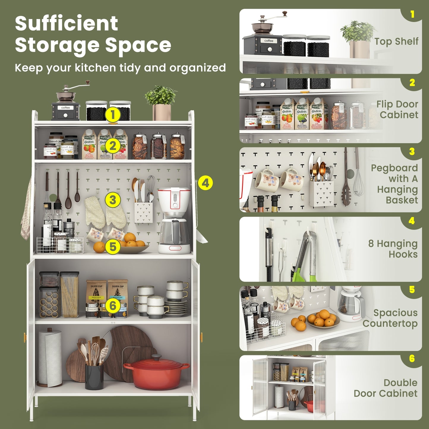 Freestanding 5 Tier Kitchen Pantry Cabinet with Flip-Up Glass Door Pegboard and Storage Shelves
