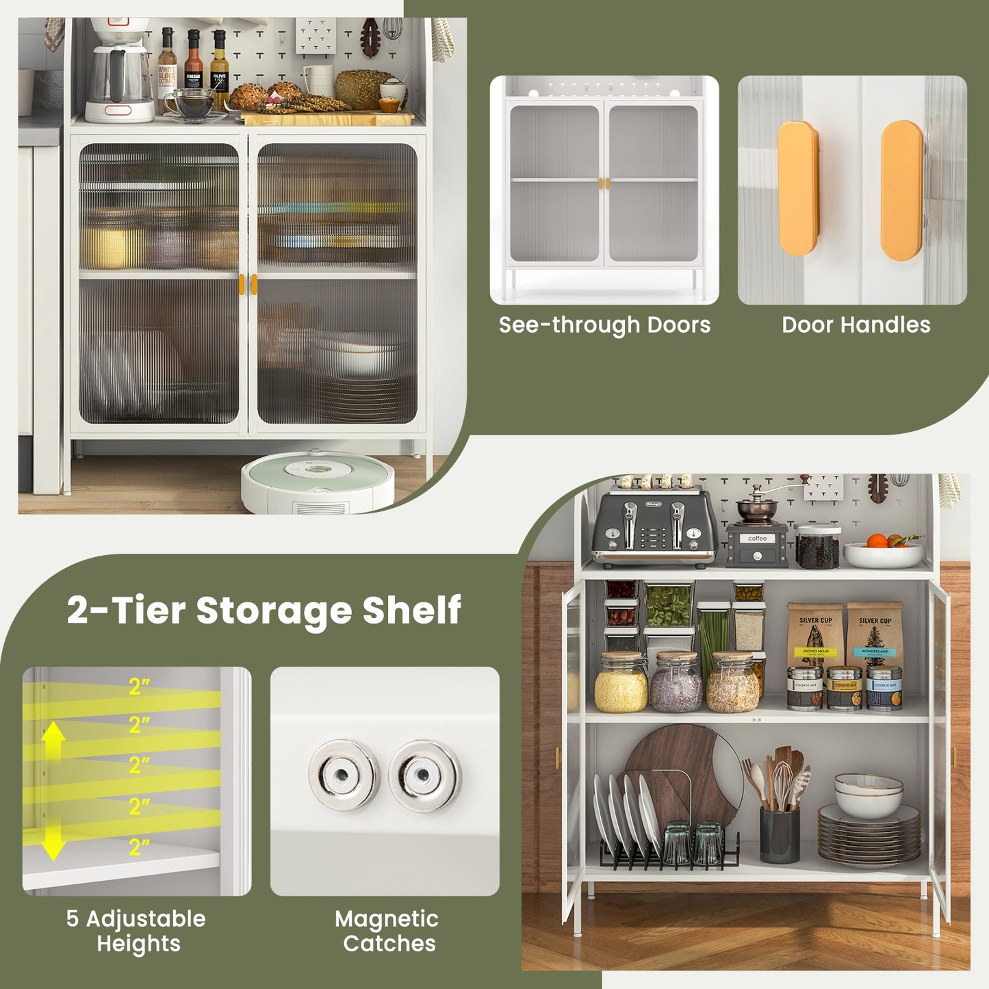 Freestanding 5 Tier Kitchen Pantry Cabinet with Flip-Up Glass Door Pegboard and Storage Shelves