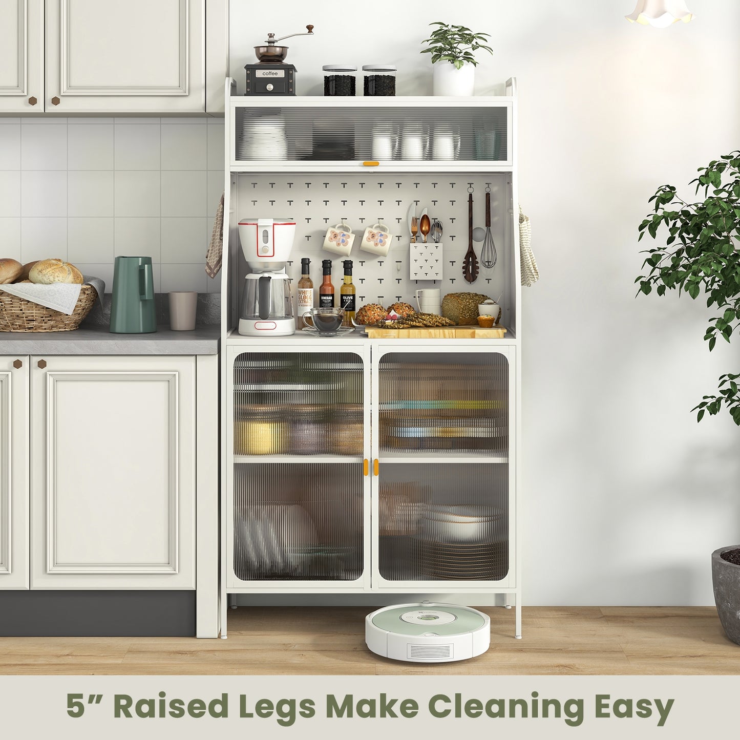 Freestanding 5 Tier Kitchen Pantry Cabinet with Flip-Up Glass Door Pegboard and Storage Shelves