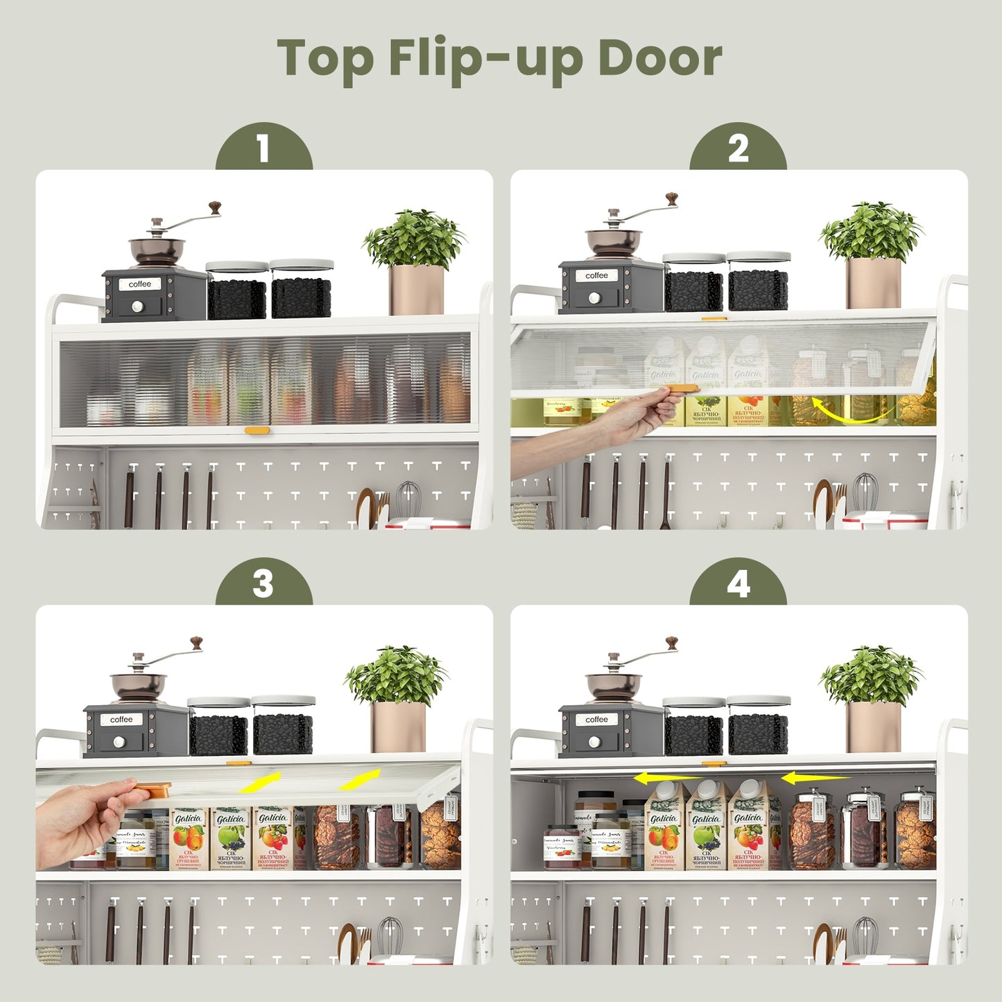Freestanding 5 Tier Kitchen Pantry Cabinet with Flip-Up Glass Door Pegboard and Storage Shelves