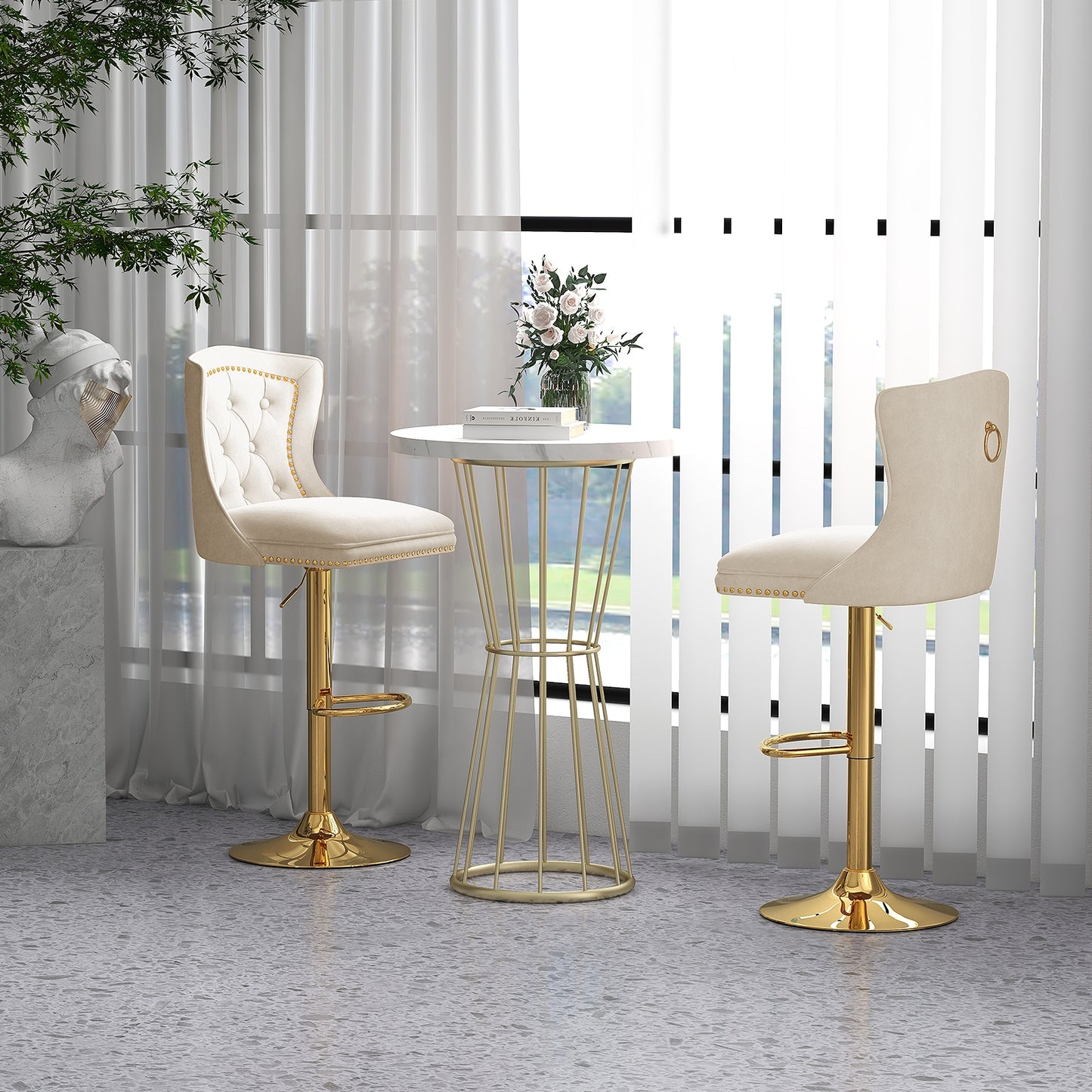360° Swivel Velvet Bar Stools Set of 2 with Adjustable Footrest and Electroplated Metal Base - Beige