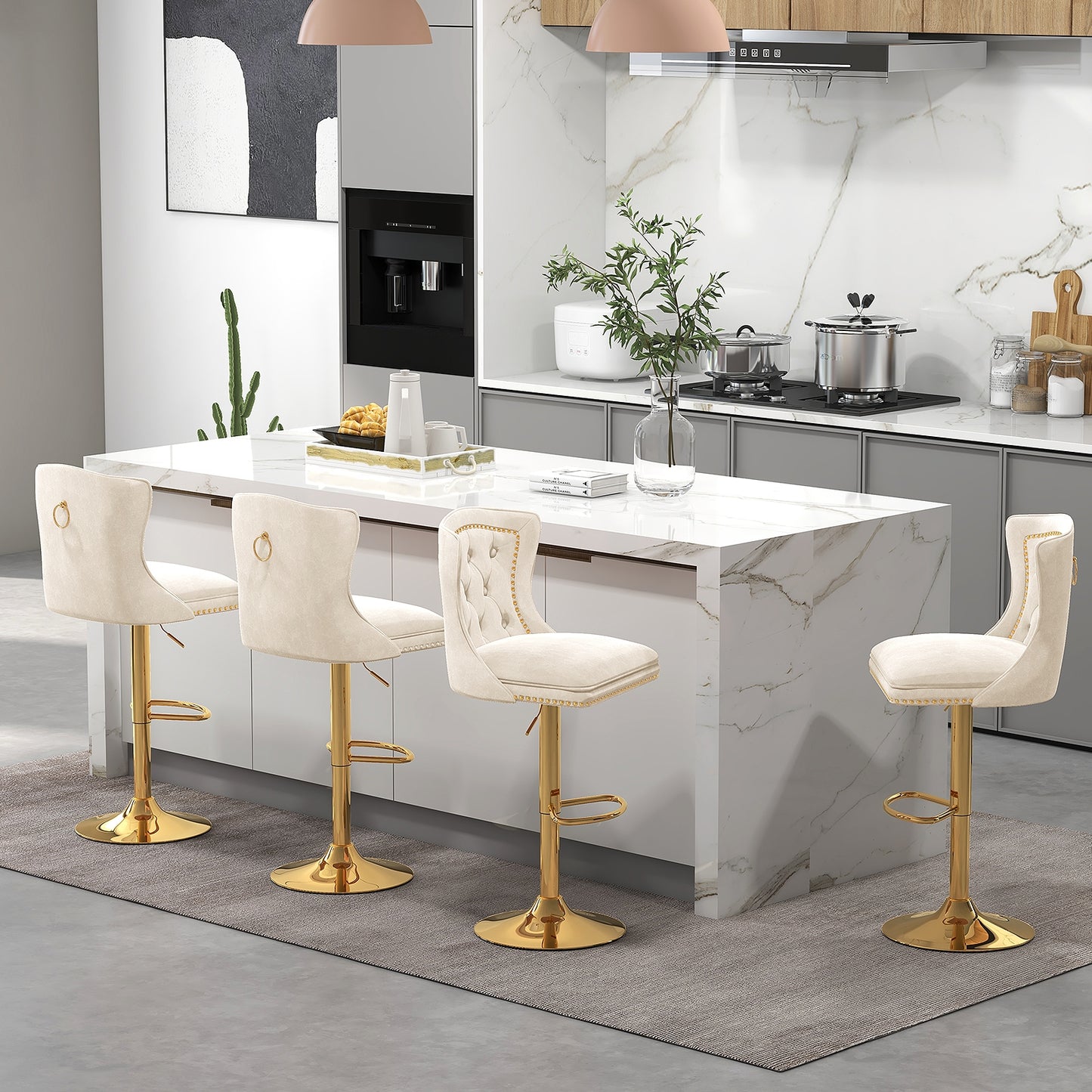 360° Swivel Velvet Bar Stools Set of 2 with Adjustable Footrest and Electroplated Metal Base - Beige