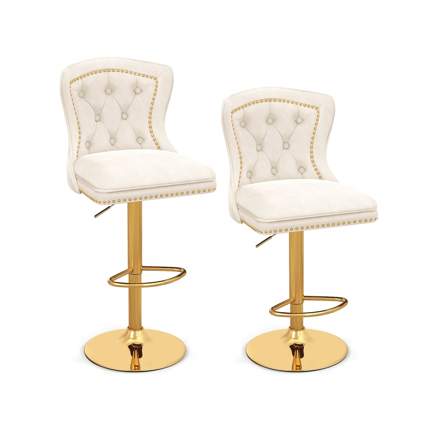 360° Swivel Velvet Bar Stools Set of 2 with Adjustable Footrest and Electroplated Metal Base - Beige