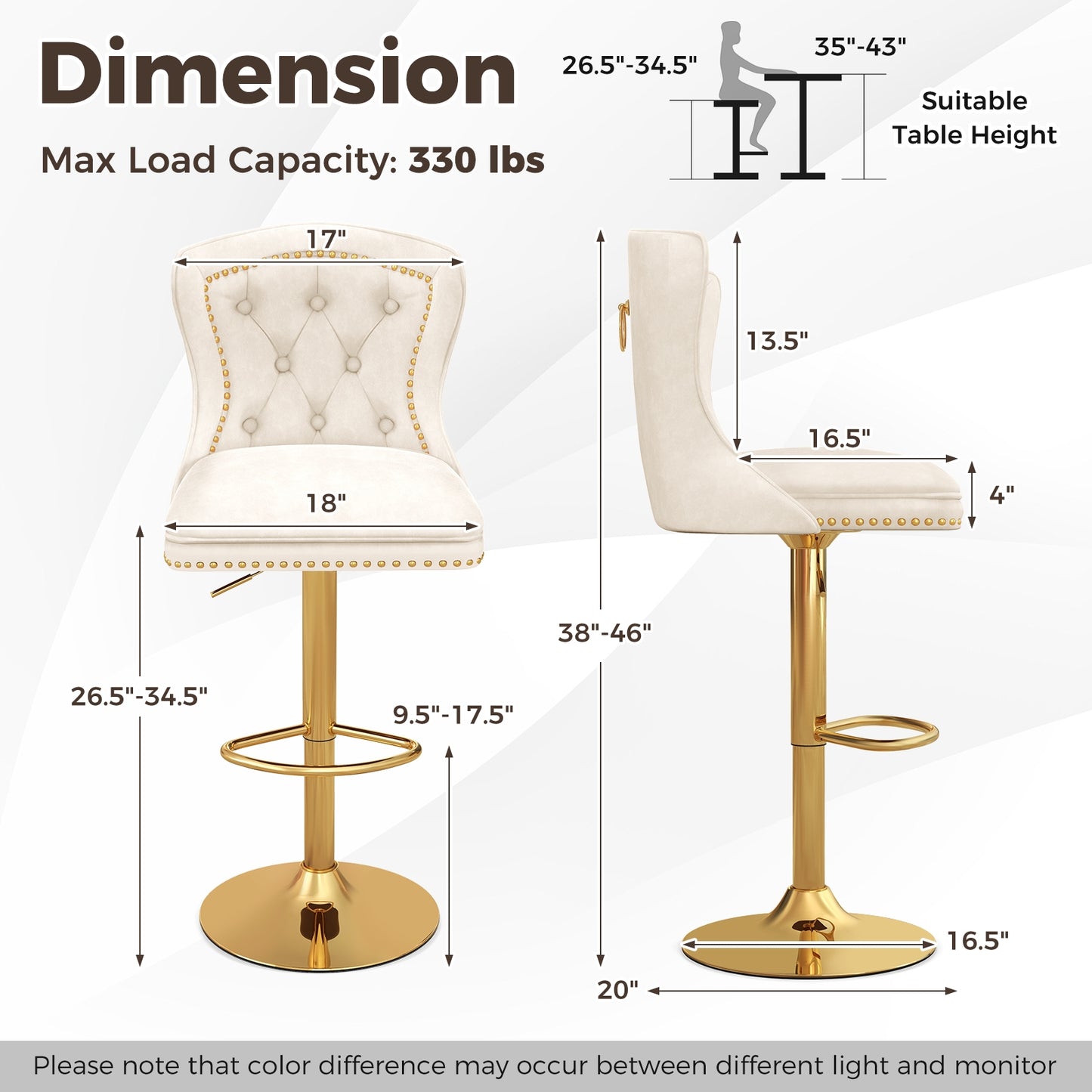 360° Swivel Velvet Bar Stools Set of 2 with Adjustable Footrest and Electroplated Metal Base - Beige