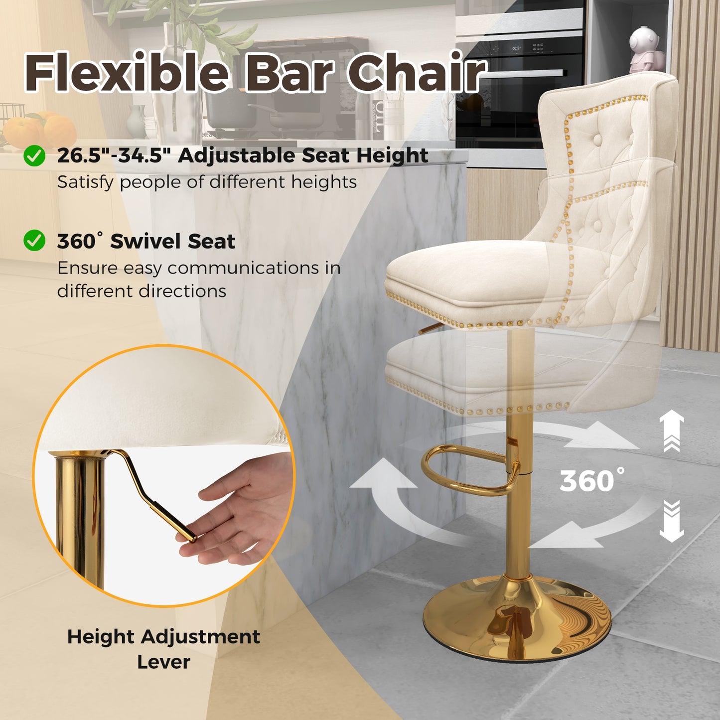 360° Swivel Velvet Bar Stools Set of 2 with Adjustable Footrest and Electroplated Metal Base - Beige