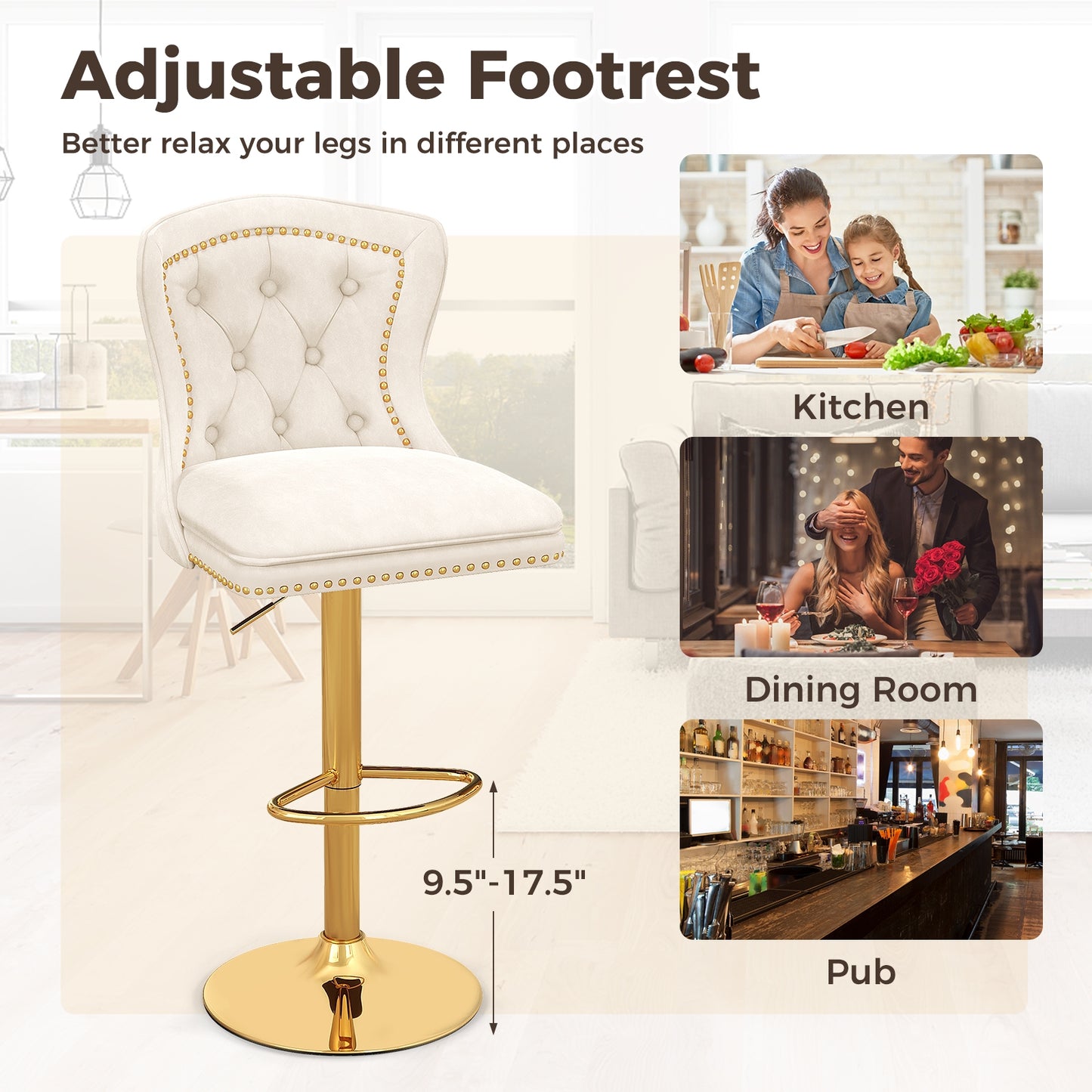 360° Swivel Velvet Bar Stools Set of 2 with Adjustable Footrest and Electroplated Metal Base - Beige