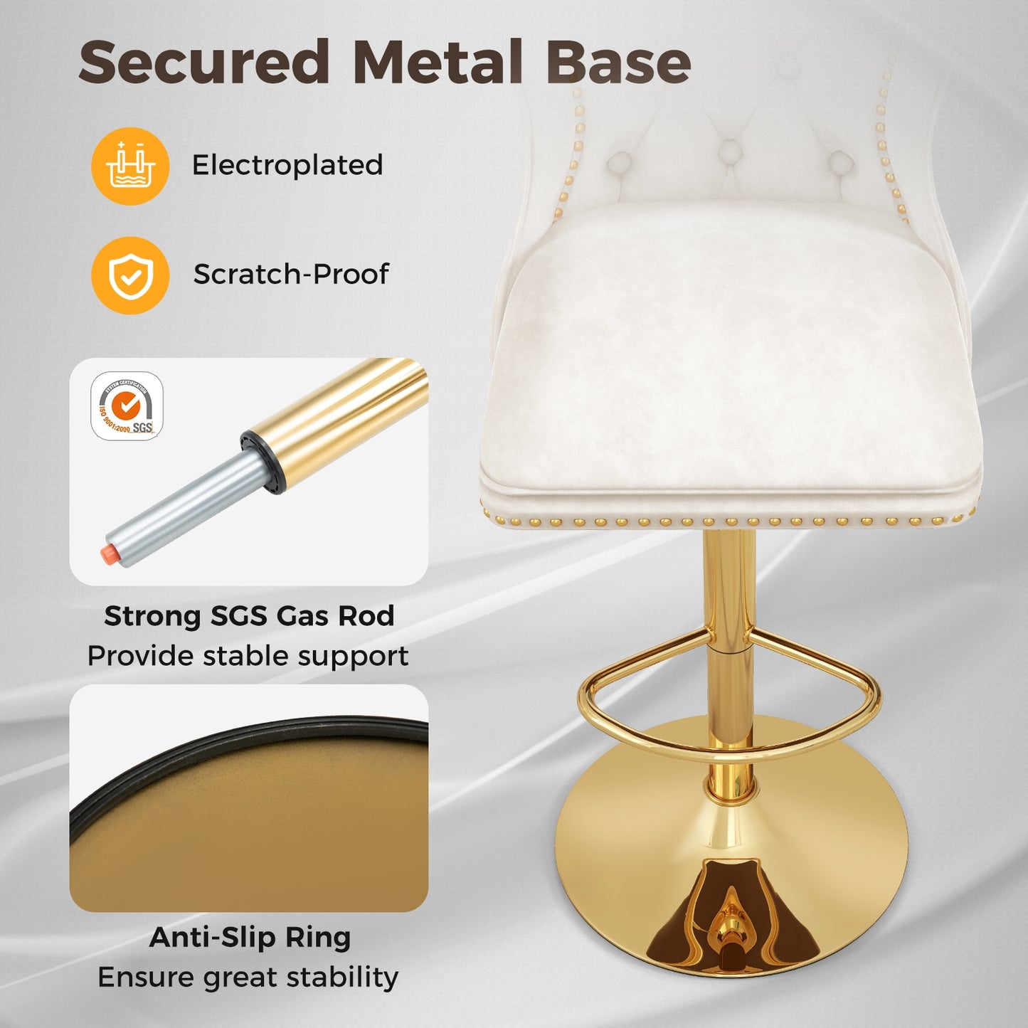 360° Swivel Velvet Bar Stools Set of 2 with Adjustable Footrest and Electroplated Metal Base - Beige