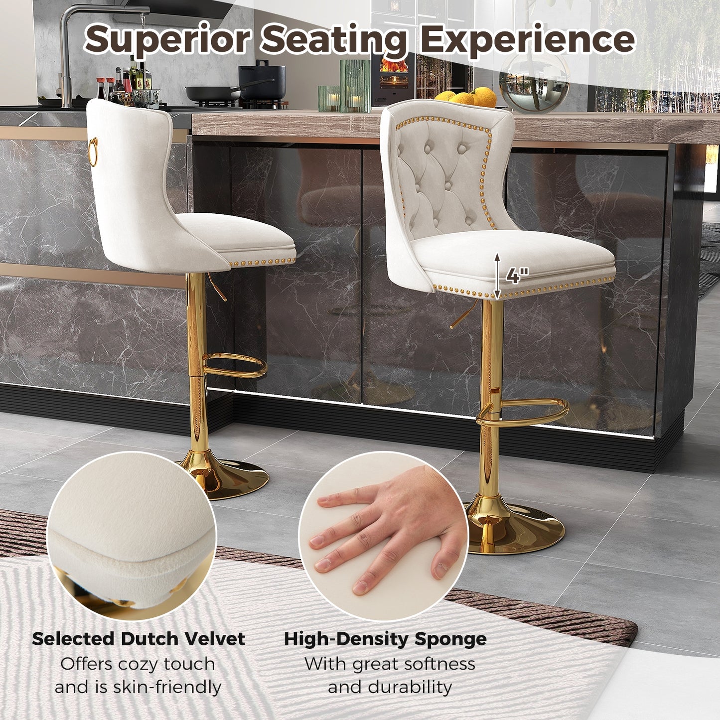 360° Swivel Velvet Bar Stools Set of 2 with Adjustable Footrest and Electroplated Metal Base - Beige