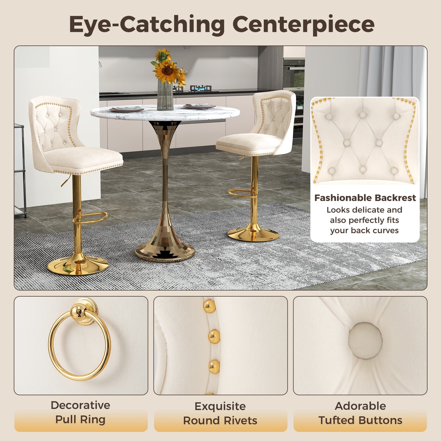 360° Swivel Velvet Bar Stools Set of 2 with Adjustable Footrest and Electroplated Metal Base - Beige