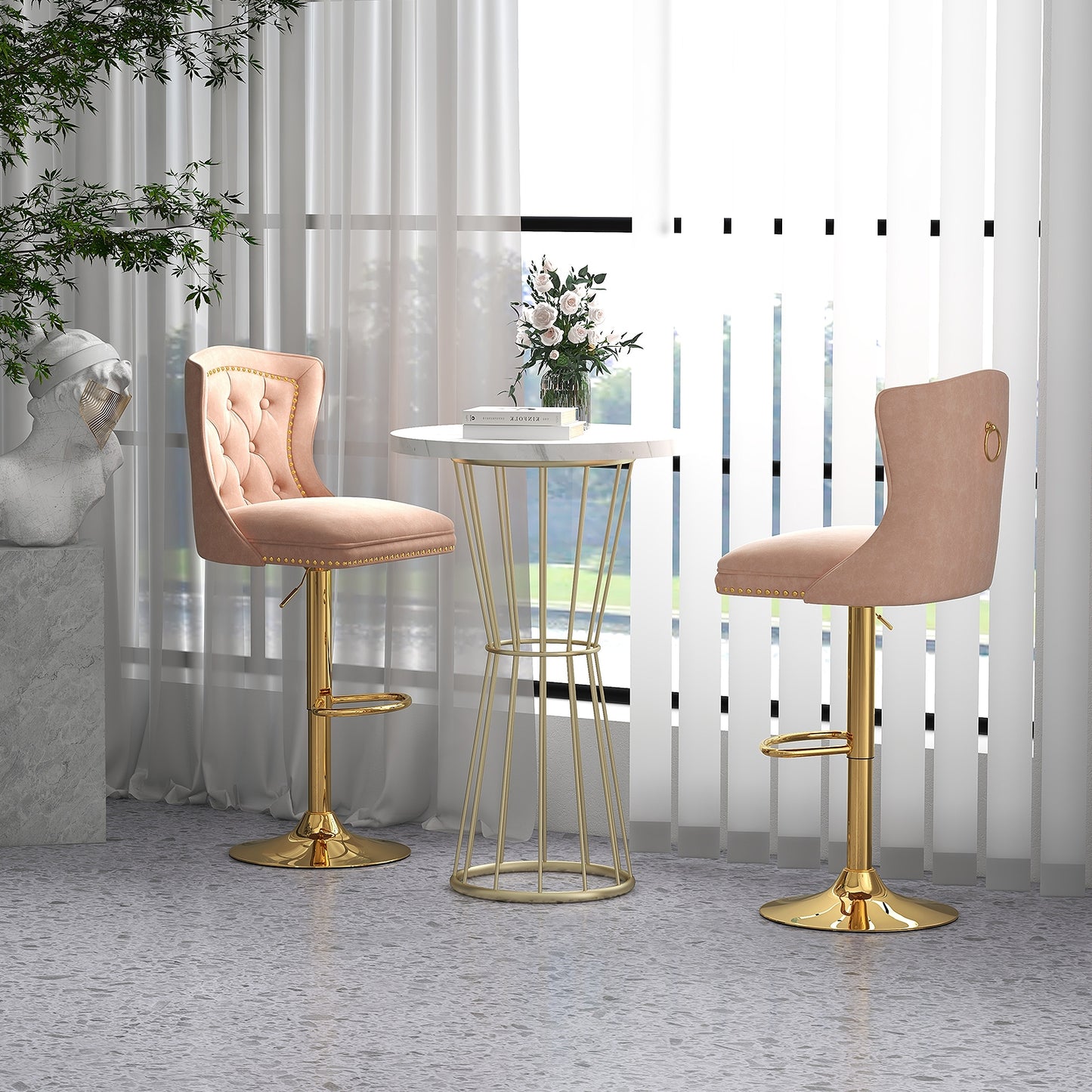 360° Swivel Velvet Bar Stools Set of 2 with Adjustable Footrest and Electroplated Metal Base - Pink