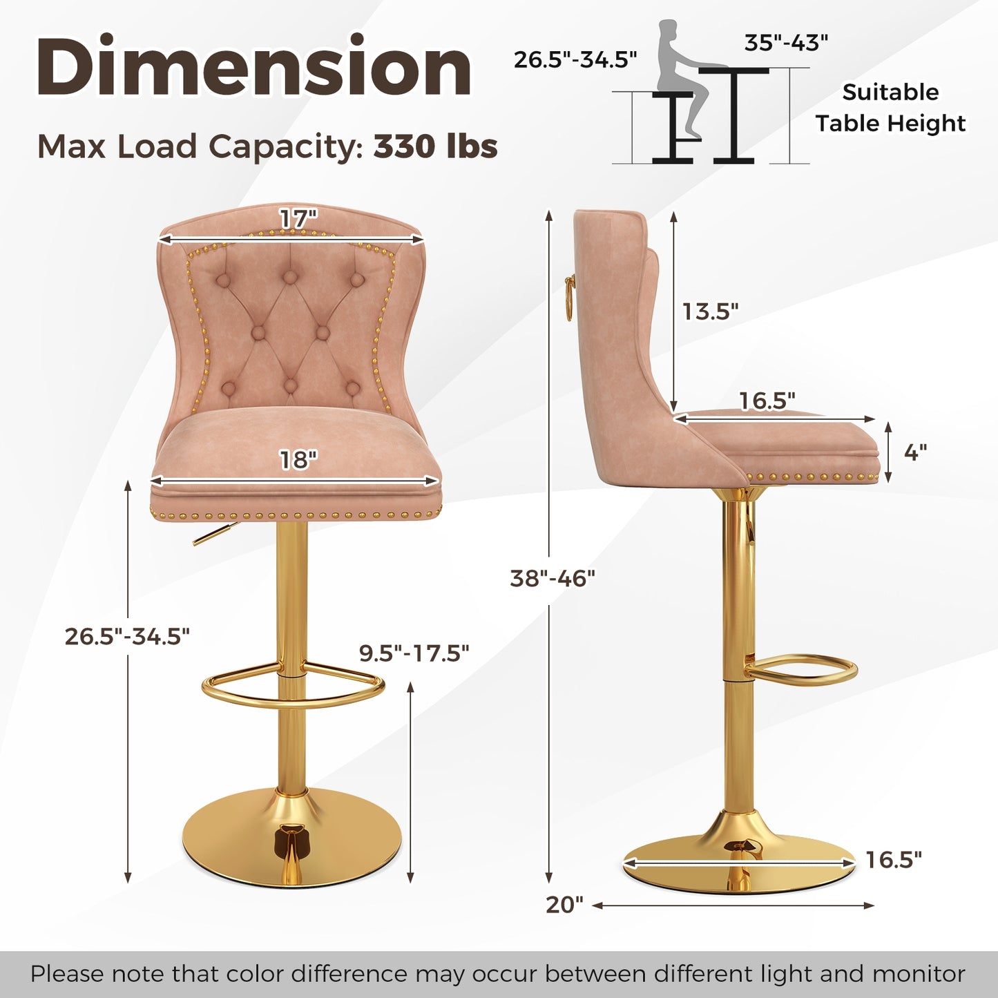 360° Swivel Velvet Bar Stools Set of 2 with Adjustable Footrest and Electroplated Metal Base - Pink