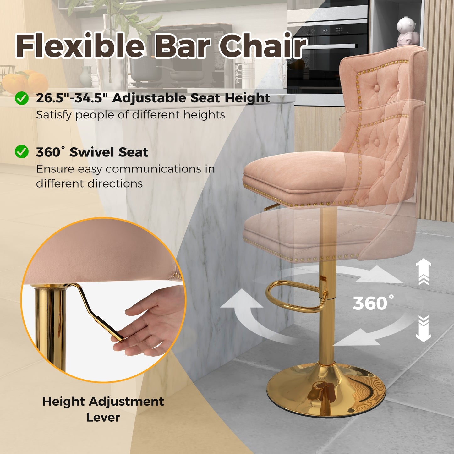 360° Swivel Velvet Bar Stools Set of 2 with Adjustable Footrest and Electroplated Metal Base - Pink