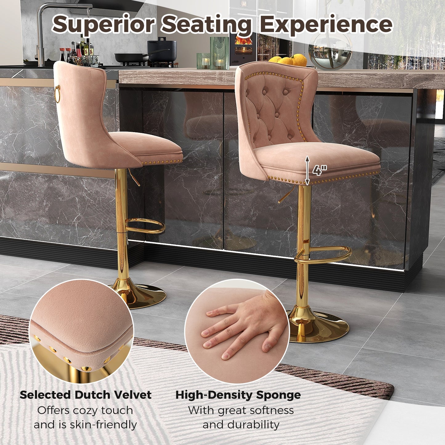 360° Swivel Velvet Bar Stools Set of 2 with Adjustable Footrest and Electroplated Metal Base - Pink
