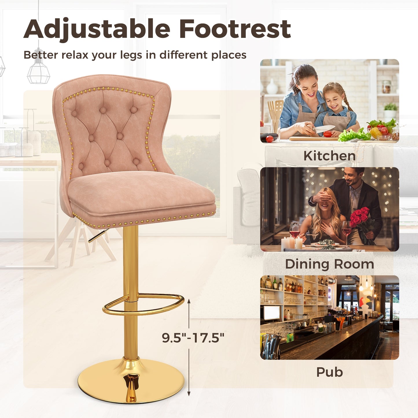 360° Swivel Velvet Bar Stools Set of 2 with Adjustable Footrest and Electroplated Metal Base - Pink