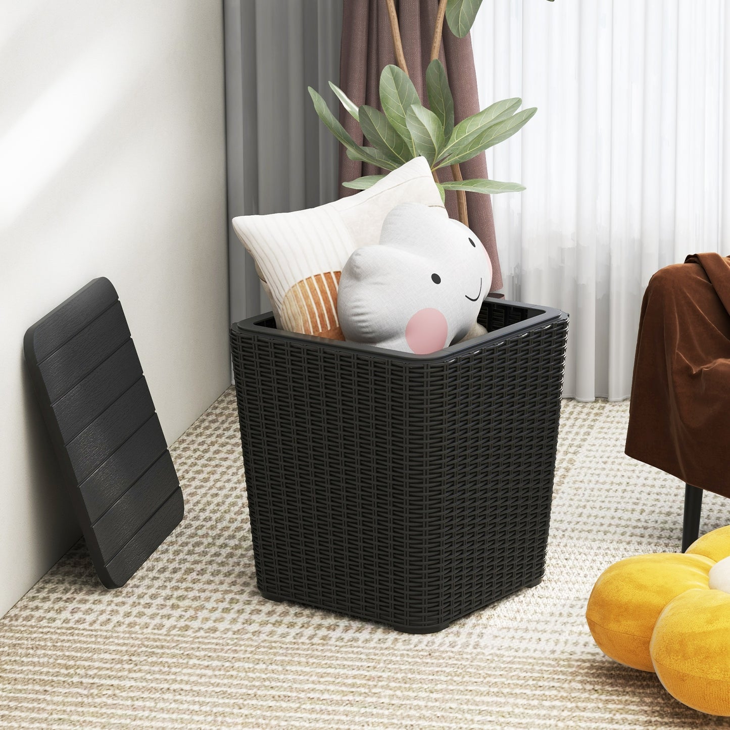 All-Weather Resin Outdoor Storage Side Table with Wicker Texture and Removable Wood-Look Lid - Black