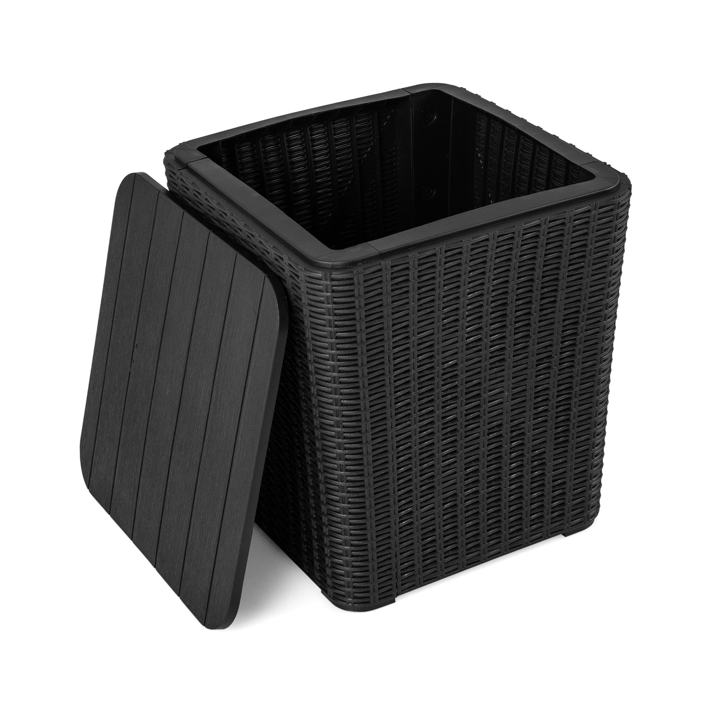 All-Weather Resin Outdoor Storage Side Table with Wicker Texture and Removable Wood-Look Lid - Black