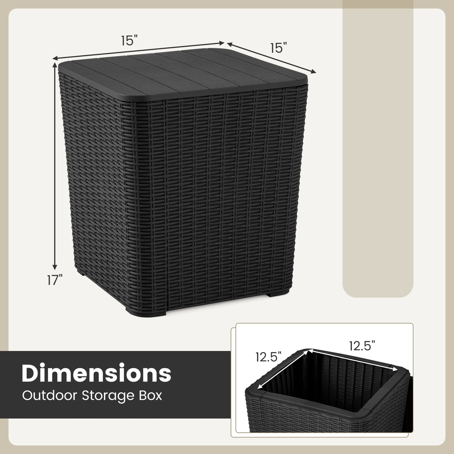 All-Weather Resin Outdoor Storage Side Table with Wicker Texture and Removable Wood-Look Lid - Black