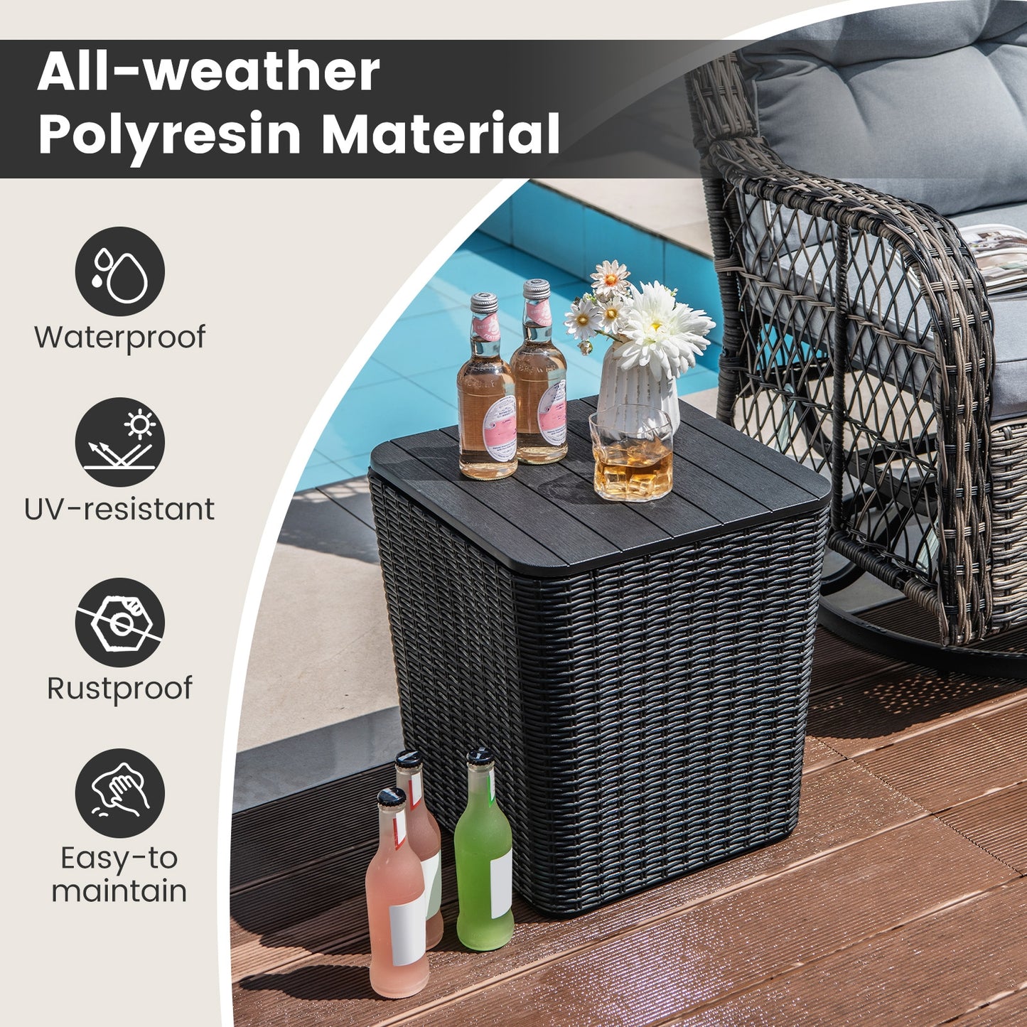 All-Weather Resin Outdoor Storage Side Table with Wicker Texture and Removable Wood-Look Lid - Black