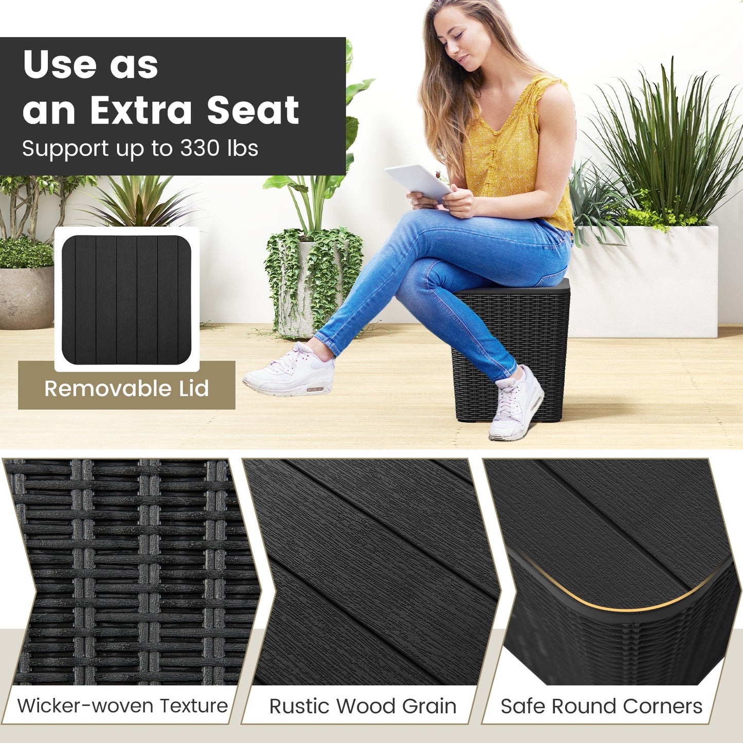 All-Weather Resin Outdoor Storage Side Table with Wicker Texture and Removable Wood-Look Lid - Black