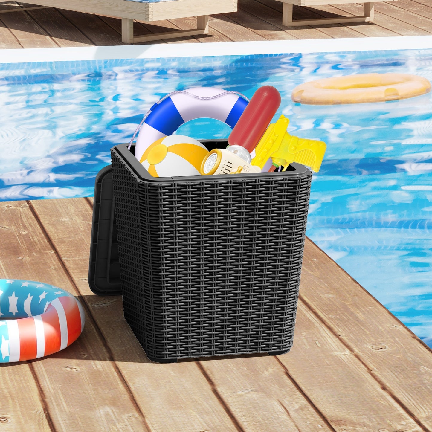 All-Weather Resin Outdoor Storage Side Table with Wicker Texture and Removable Wood-Look Lid - Black