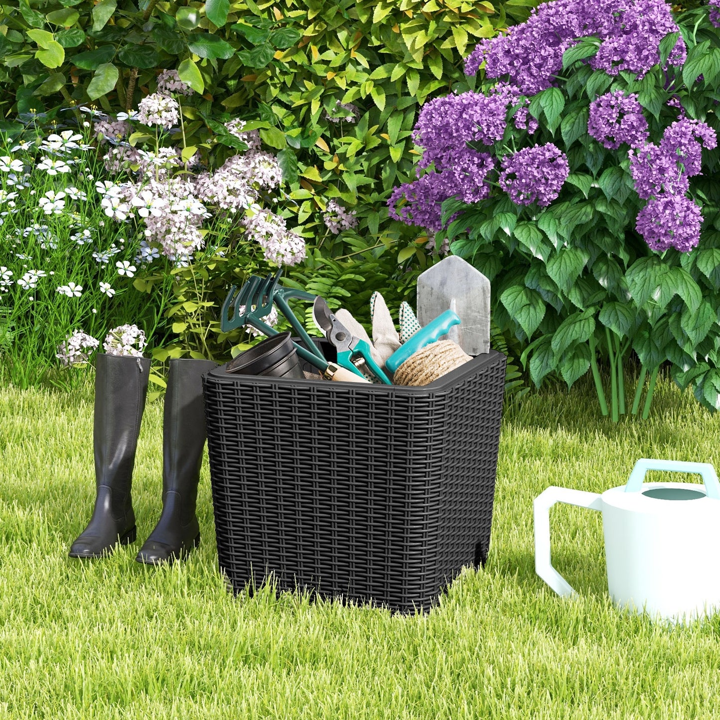 All-Weather Resin Outdoor Storage Side Table with Wicker Texture and Removable Wood-Look Lid - Black