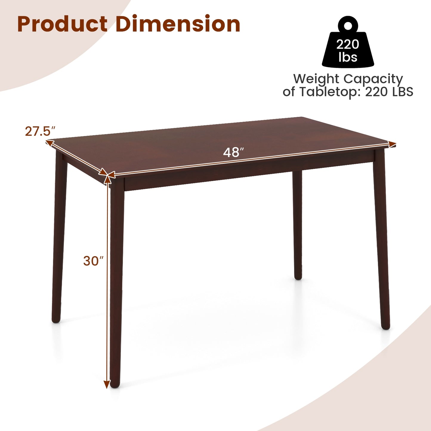48 Inch Rectangular Dining Table for 4 with Solid Rubber Wood Legs and Wood Grain Finish
