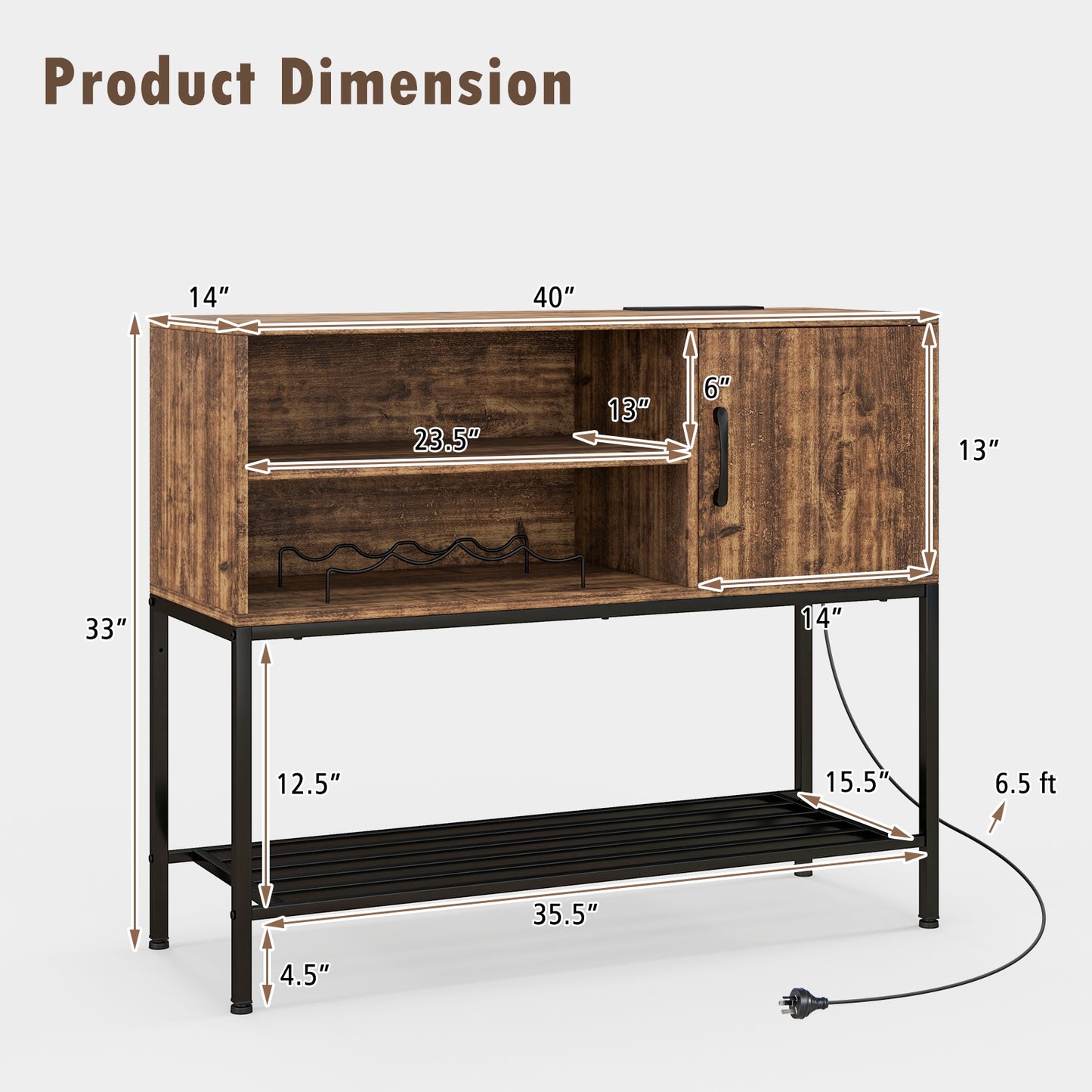 Buffet Cabinet with Wine Rack USB Charging Ports and Storage Shelves - Rustic Brown