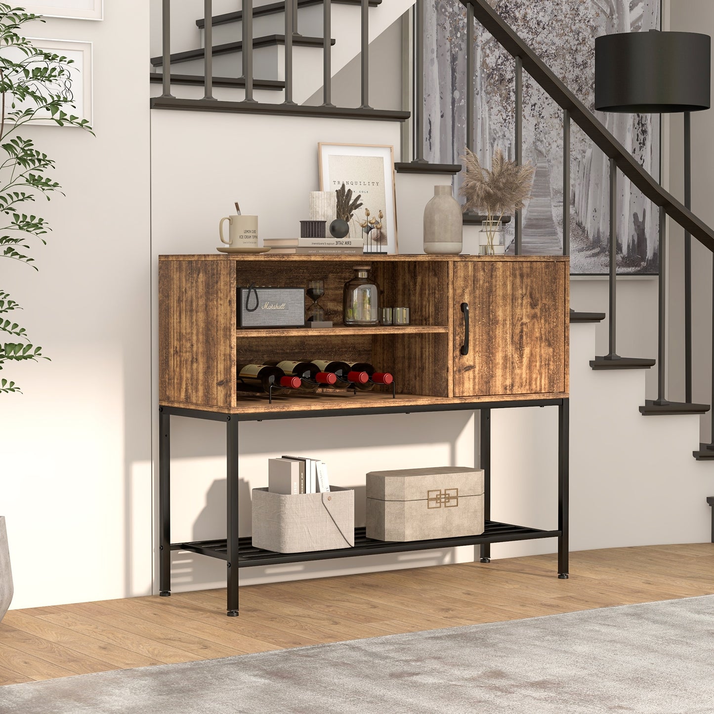 Buffet Cabinet with Wine Rack USB Charging Ports and Storage Shelves - Rustic Brown