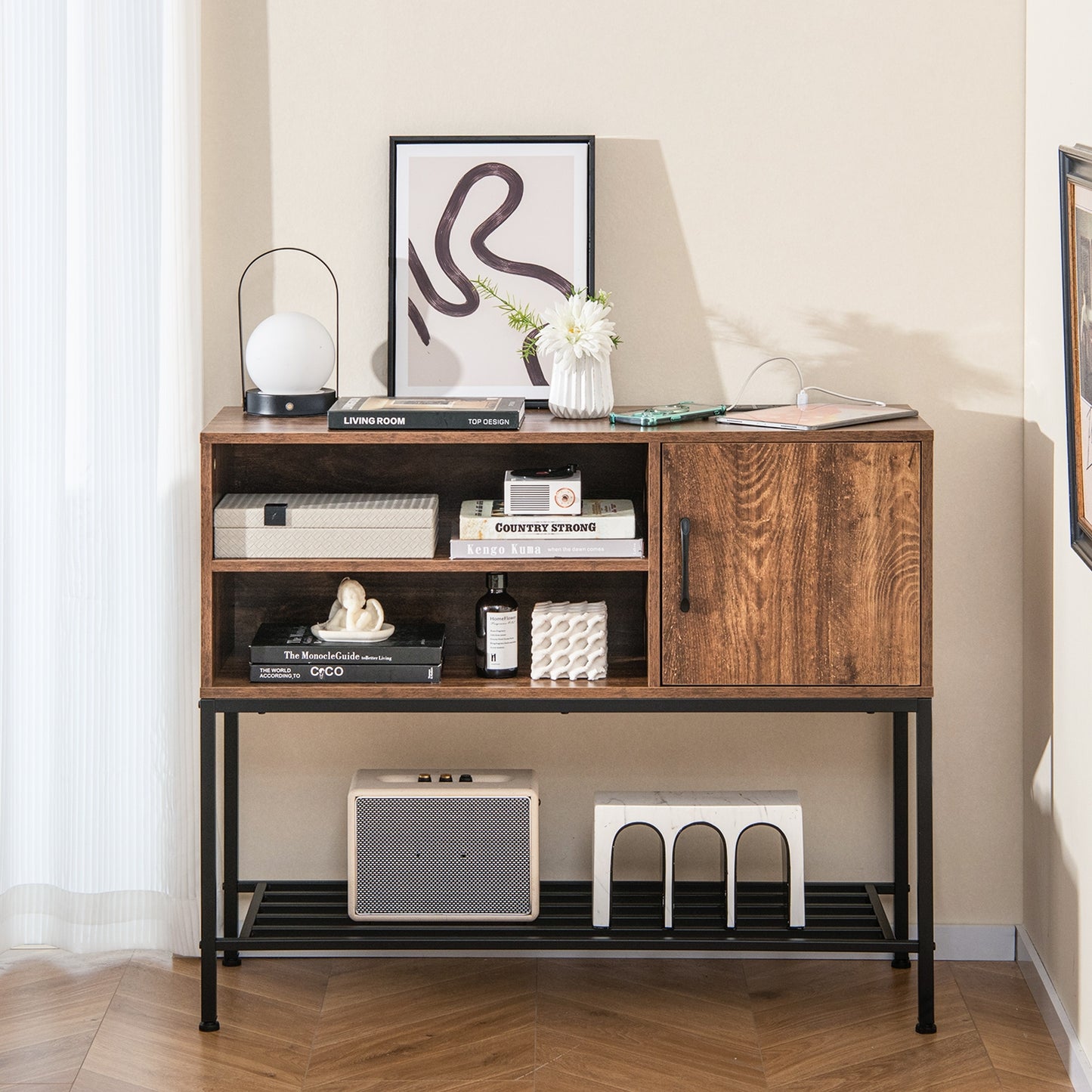 Buffet Cabinet with Wine Rack USB Charging Ports and Storage Shelves - Rustic Brown