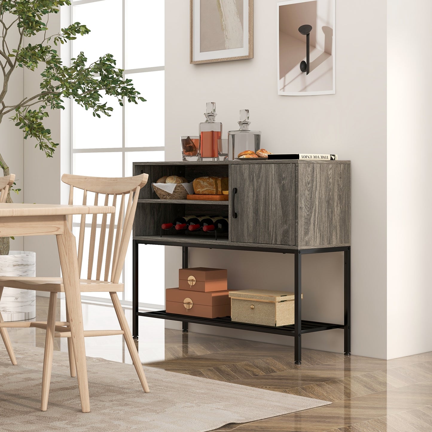 Buffet Cabinet with Wine Rack USB Charging Ports and Storage Shelves - Grey