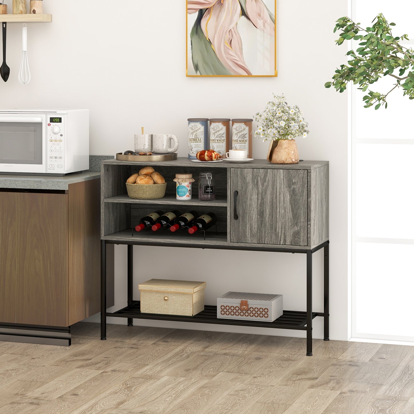 Buffet Cabinet with Wine Rack USB Charging Ports and Storage Shelves - Grey