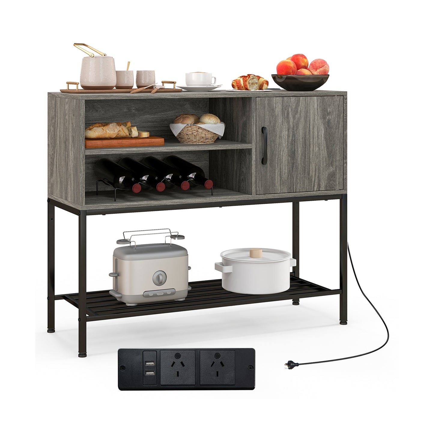 Buffet Cabinet with Wine Rack USB Charging Ports and Storage Shelves - Grey