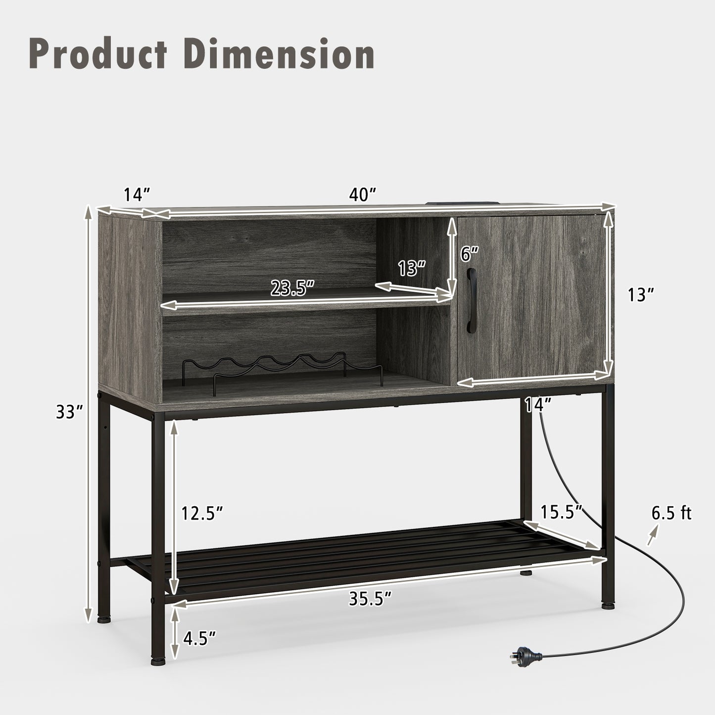 Buffet Cabinet with Wine Rack USB Charging Ports and Storage Shelves - Grey
