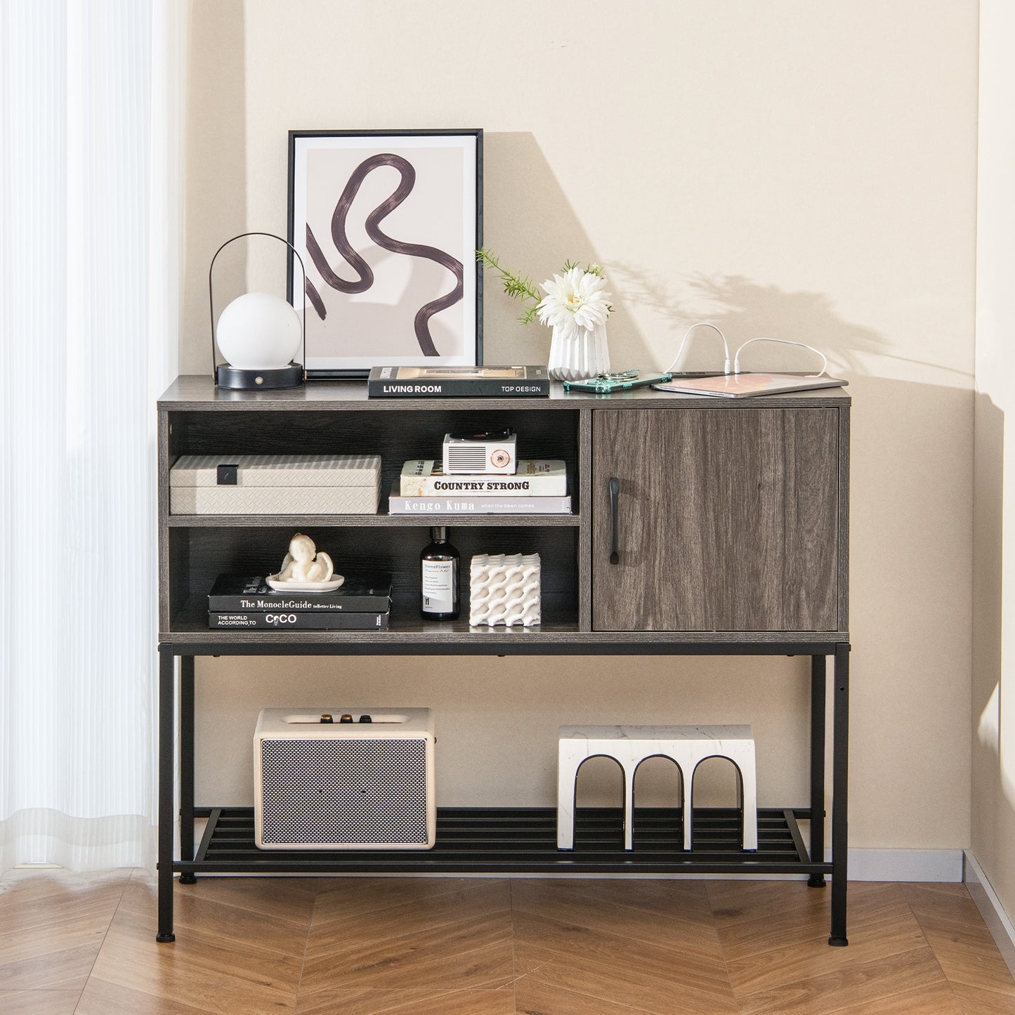 Buffet Cabinet with Wine Rack USB Charging Ports and Storage Shelves - Grey