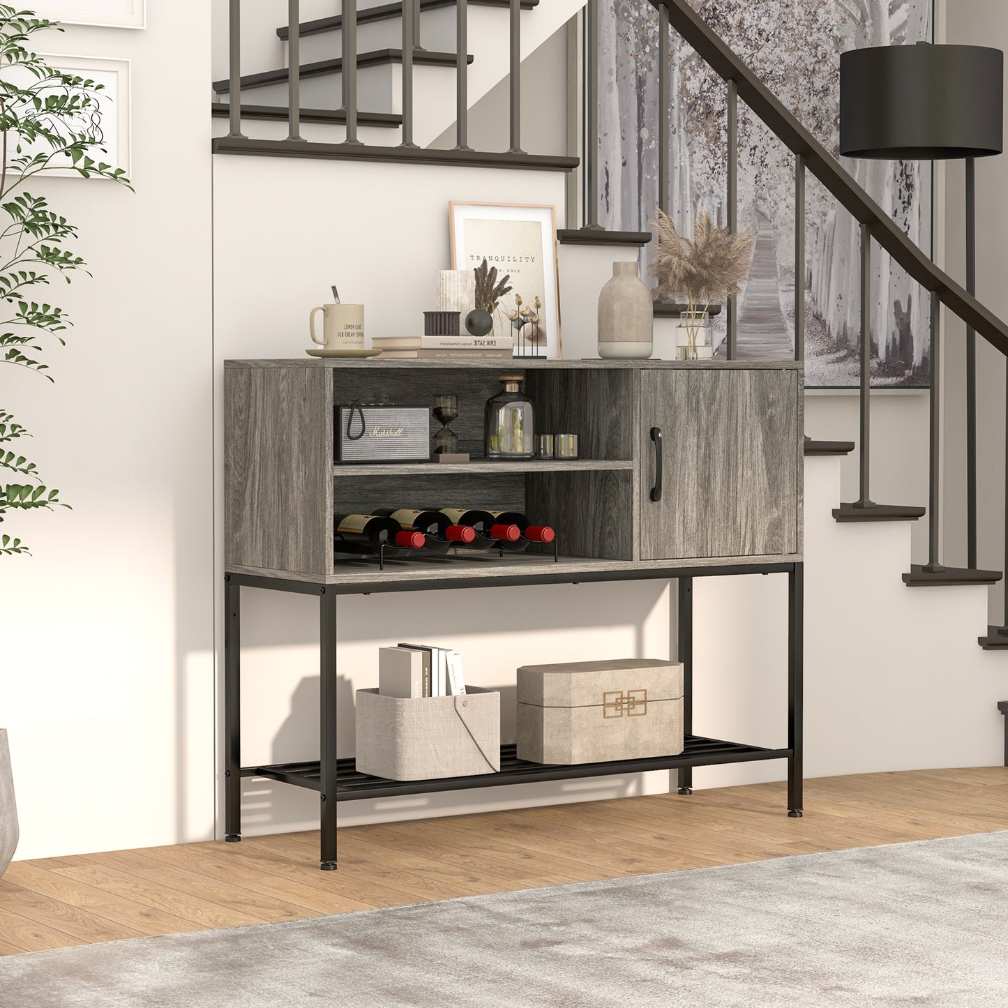 Buffet Cabinet with Wine Rack USB Charging Ports and Storage Shelves - Grey