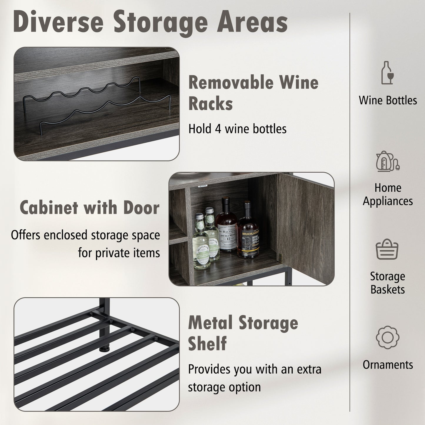Buffet Cabinet with Wine Rack USB Charging Ports and Storage Shelves - Grey