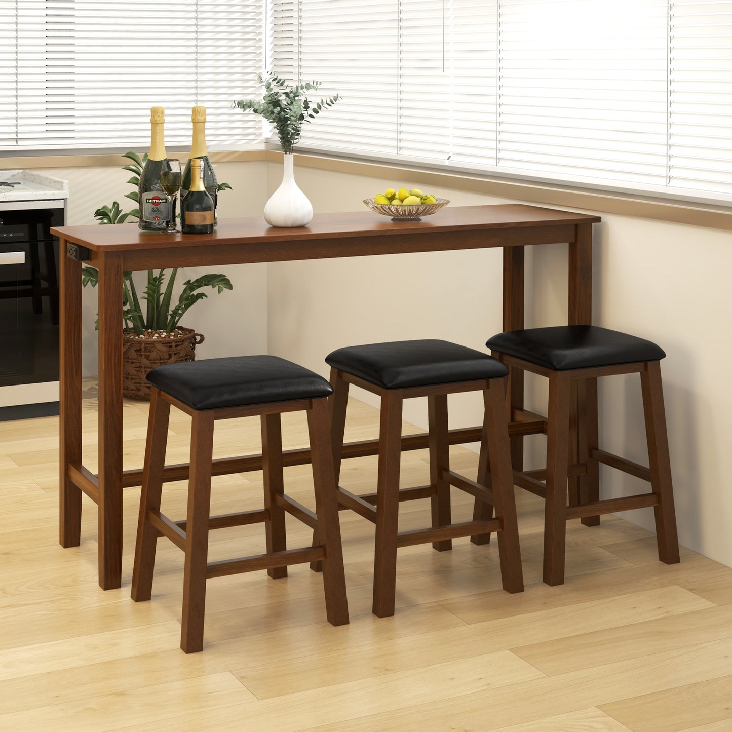 4-Piece Counter Height Bar Table Set with Power Strip and 3 Upholstered PVC Leather Stools