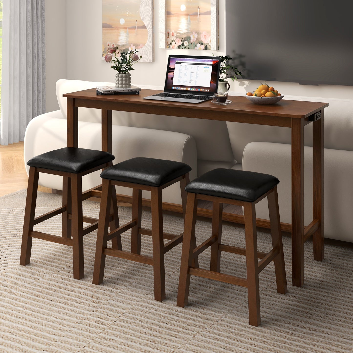 4-Piece Counter Height Bar Table Set with Power Strip and 3 Upholstered PVC Leather Stools