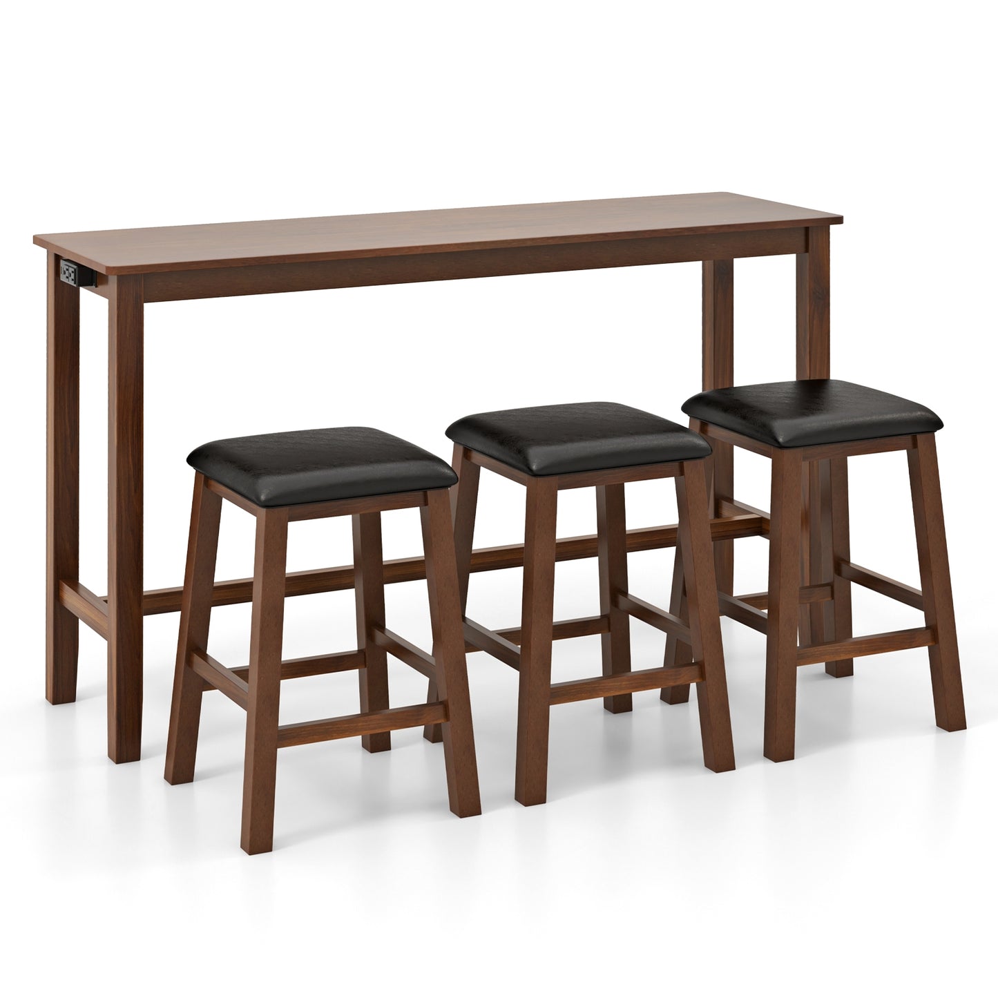 4-Piece Counter Height Bar Table Set with Power Strip and 3 Upholstered PVC Leather Stools