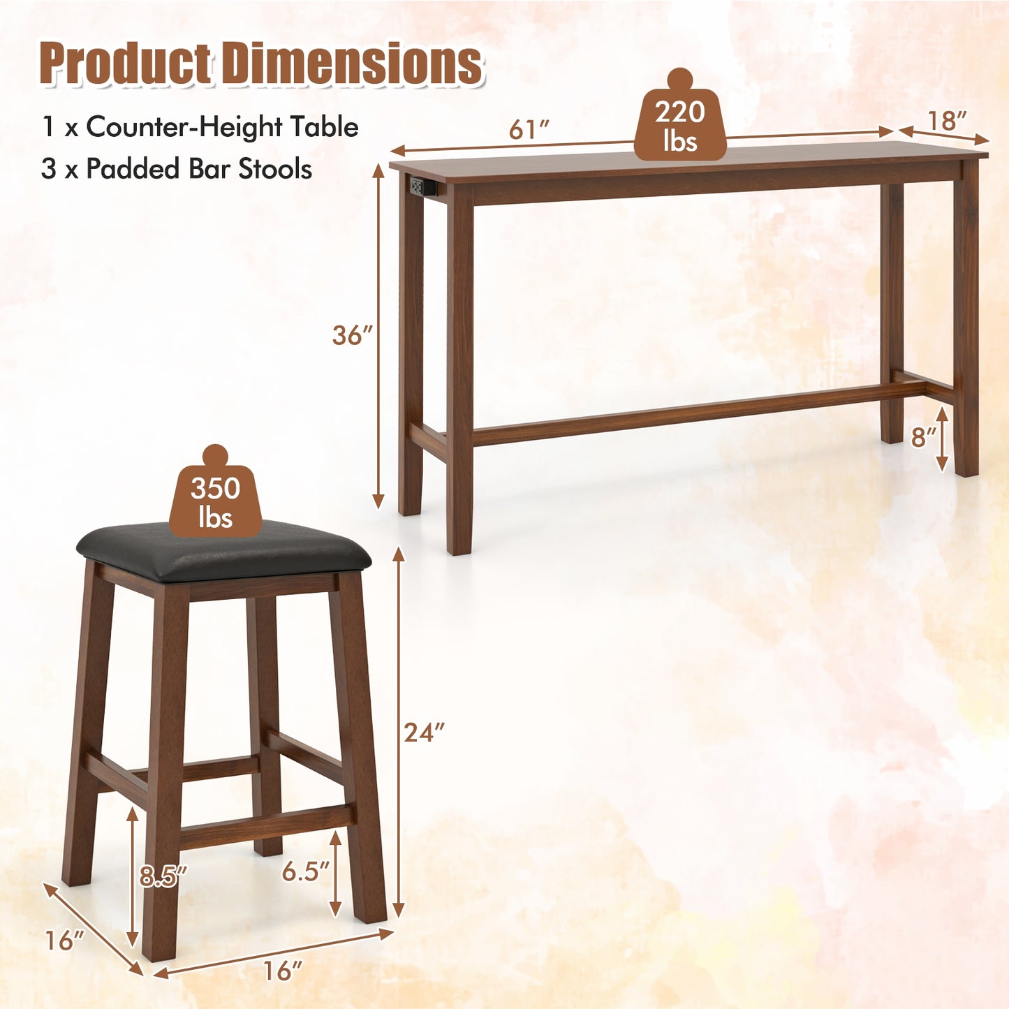 4-Piece Counter Height Bar Table Set with Power Strip and 3 Upholstered PVC Leather Stools