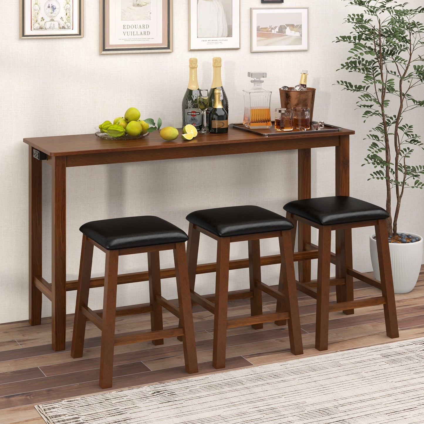 4-Piece Counter Height Bar Table Set with Power Strip and 3 Upholstered PVC Leather Stools