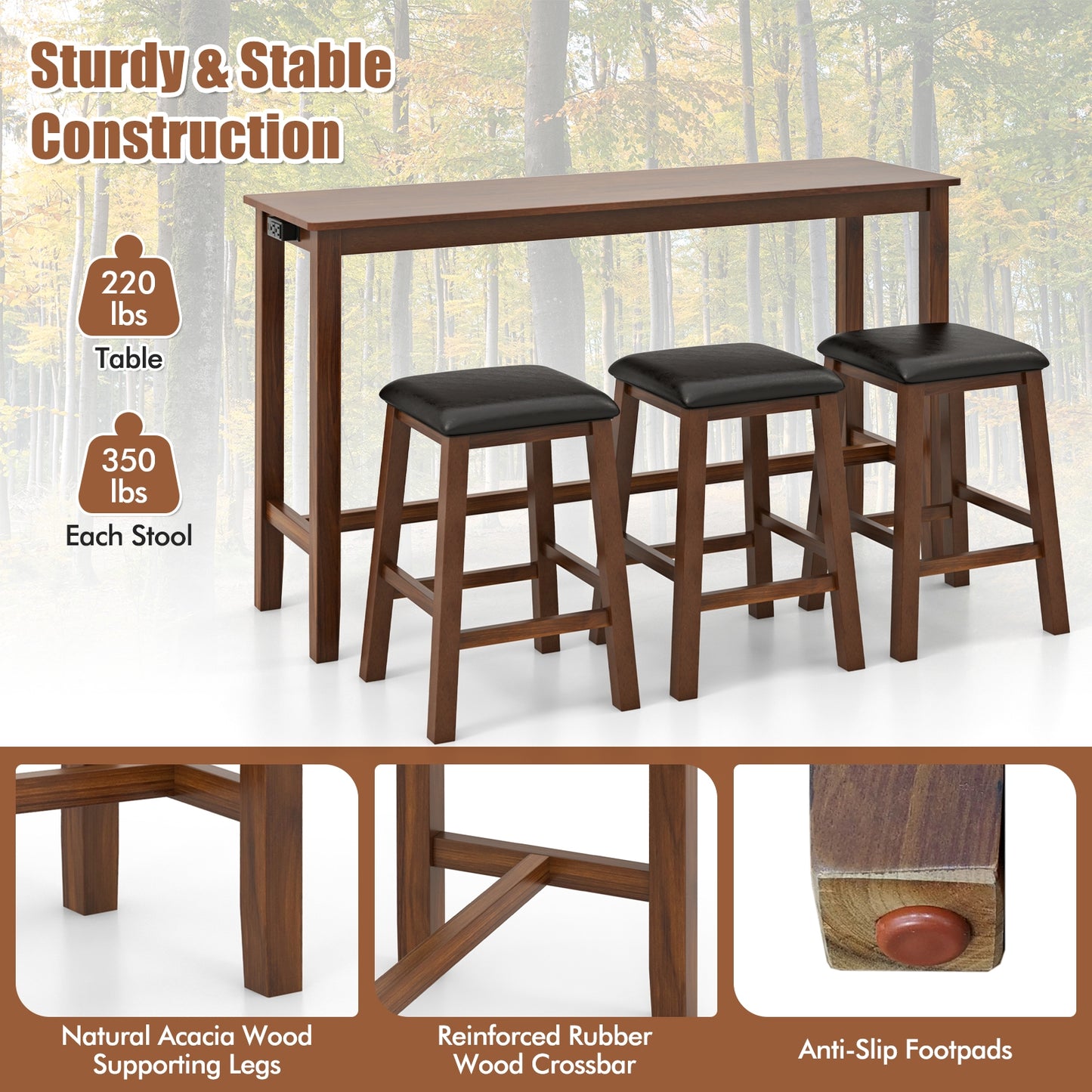 4-Piece Counter Height Bar Table Set with Power Strip and 3 Upholstered PVC Leather Stools