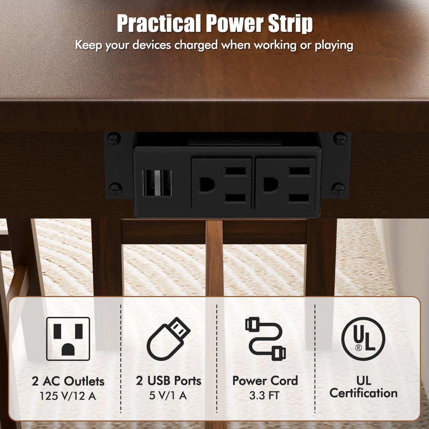 4-Piece Counter Height Bar Table Set with Power Strip and 3 Upholstered PVC Leather Stools
