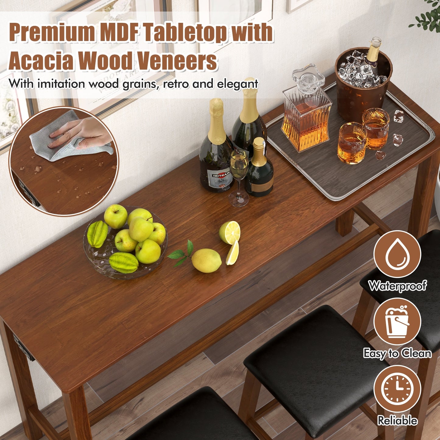 4-Piece Counter Height Bar Table Set with Power Strip and 3 Upholstered PVC Leather Stools