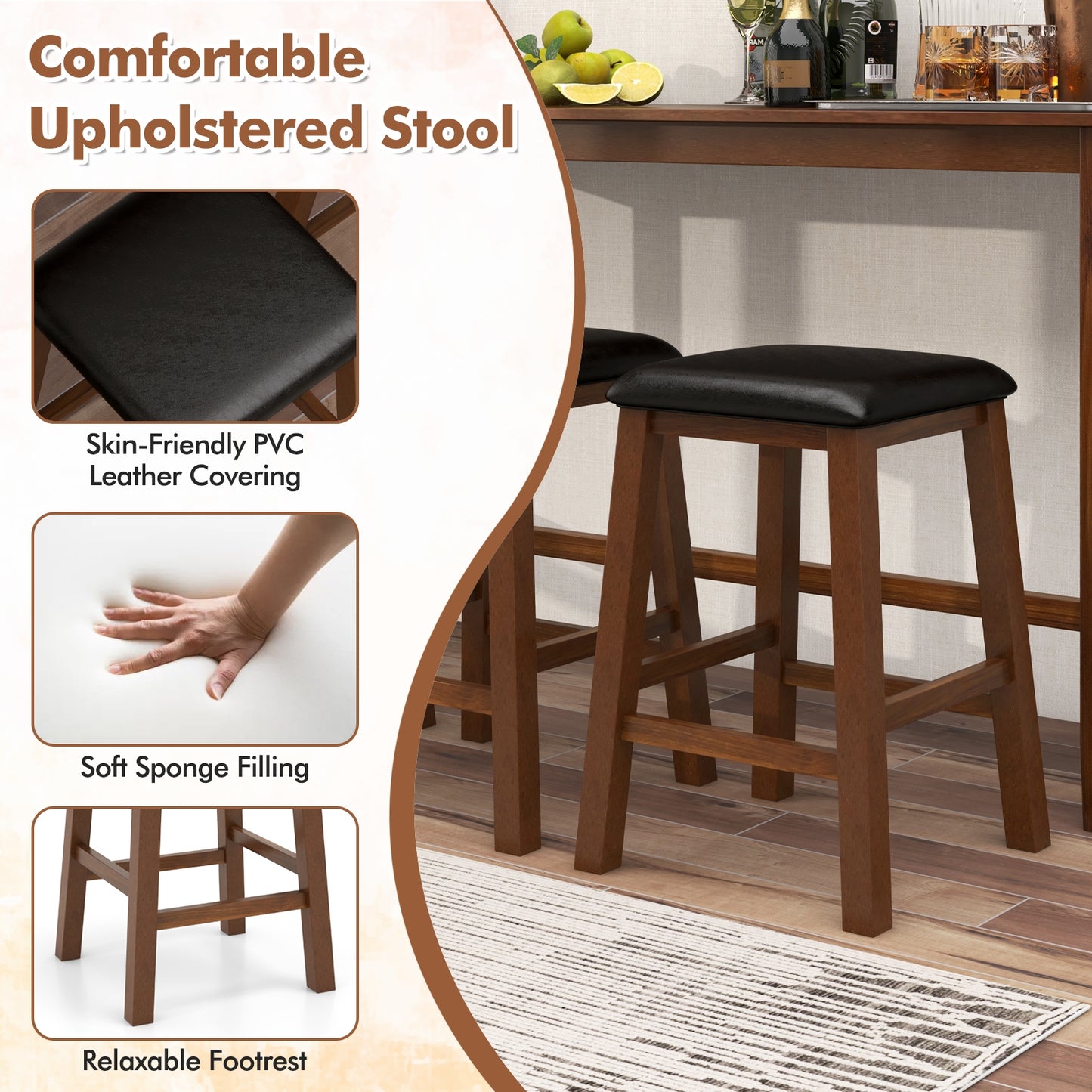 4-Piece Counter Height Bar Table Set with Power Strip and 3 Upholstered PVC Leather Stools