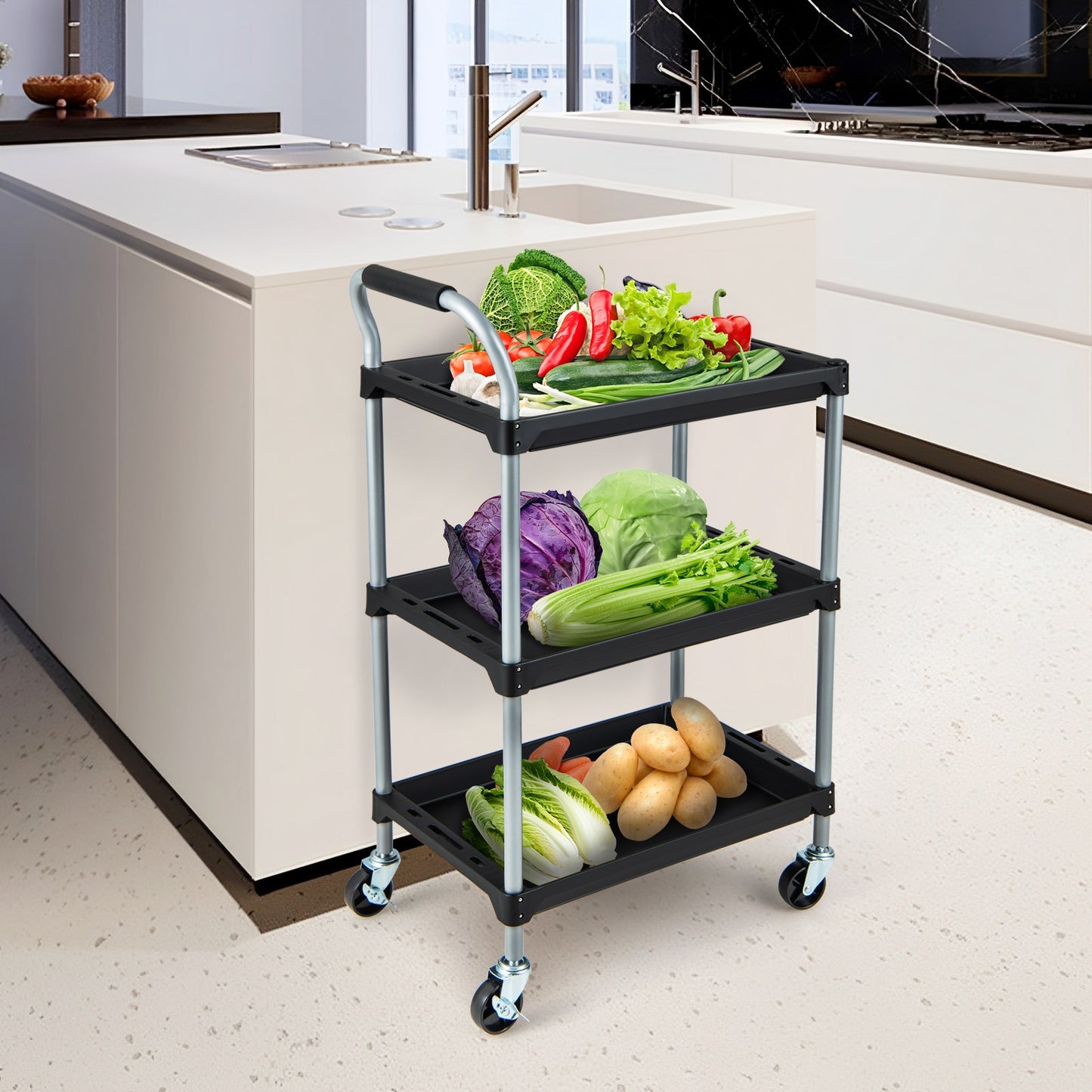 Heavy Duty 3-Tier Rolling Tool Cart with Durable PP Shelves and Comfortable Handle