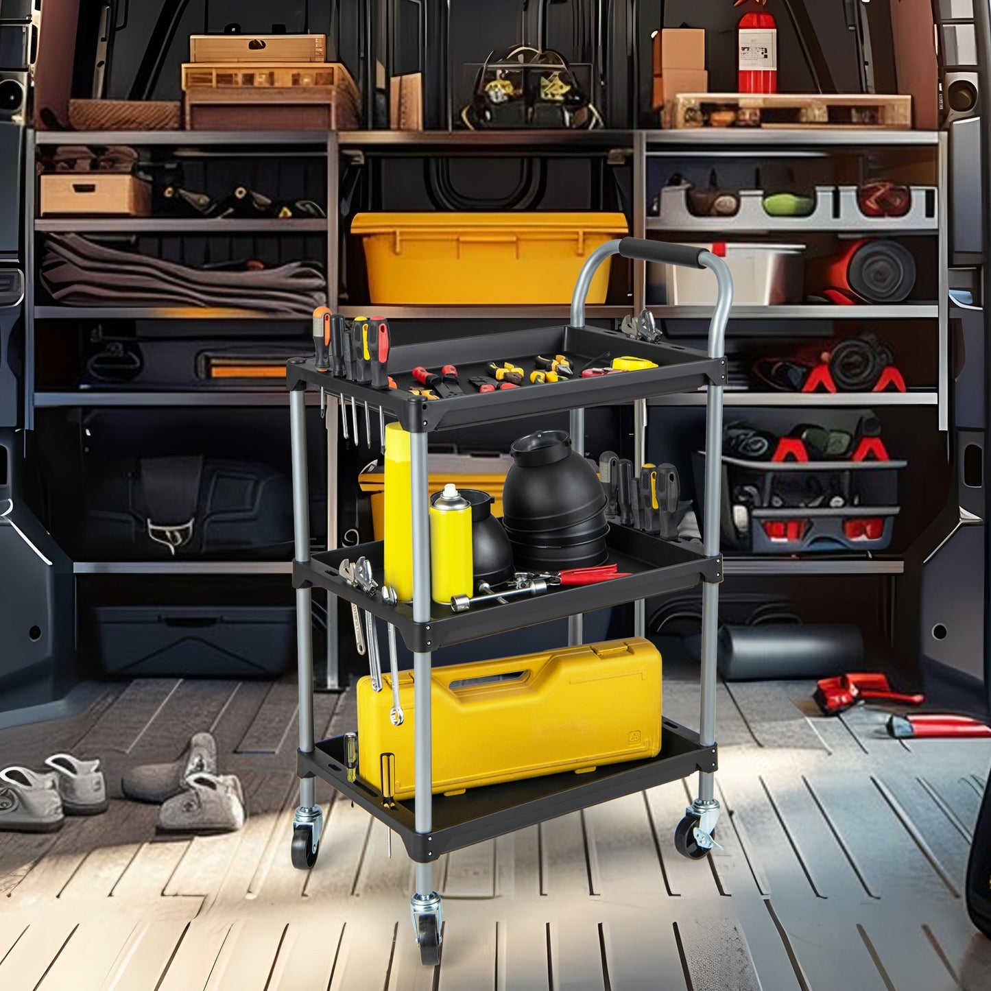 Heavy Duty 3-Tier Rolling Tool Cart with Durable PP Shelves and Comfortable Handle